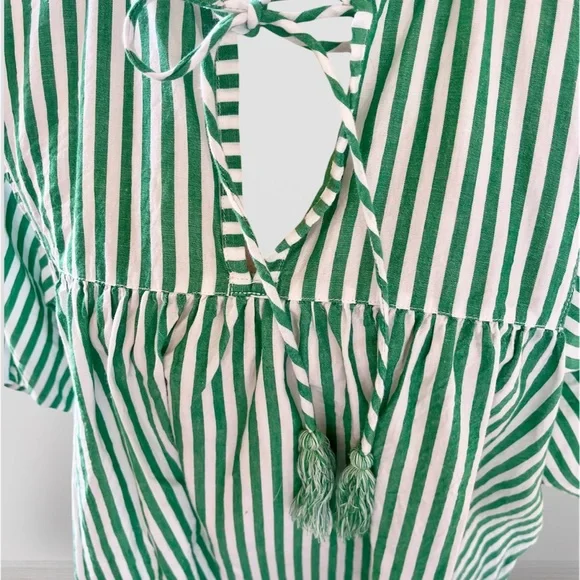 Philosophy Size XL Top Green White Stripe Cotton Blouse V Neck Tie Springtime - Picture 3 of 6